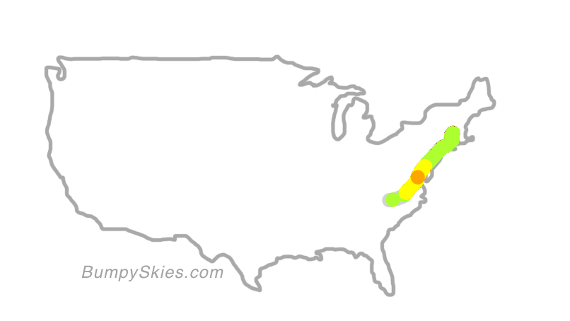 Map of continental US with illustrated flight path and turbulence forecast (described in text below)