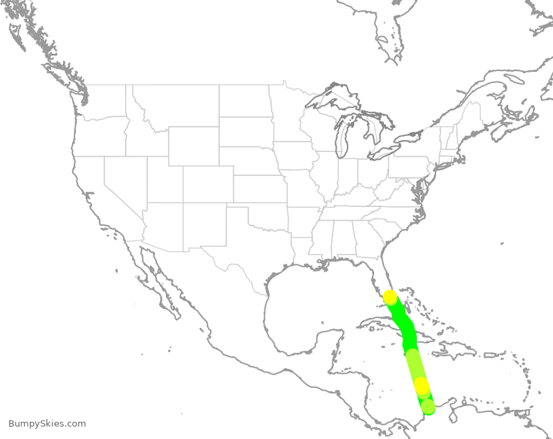 Turbulence forecast map for AAL1125, MIA to KBQ
