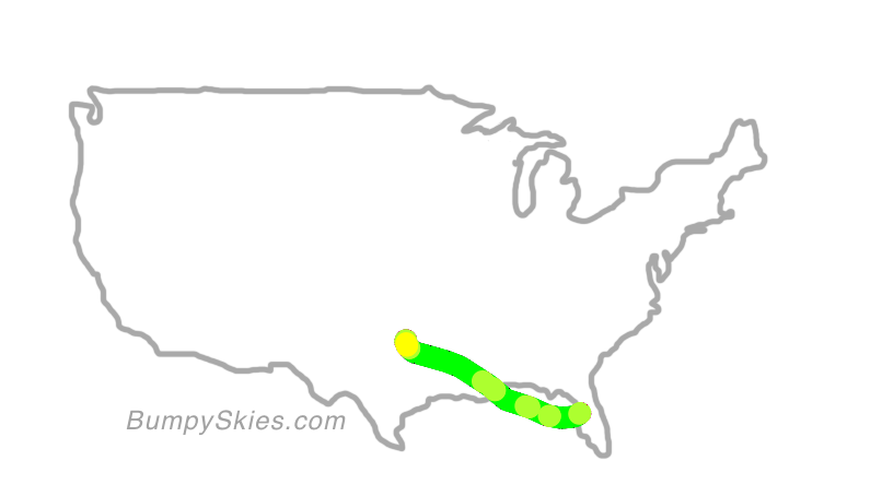 Map of continental US with illustrated flight path and turbulence forecast (described in text below)