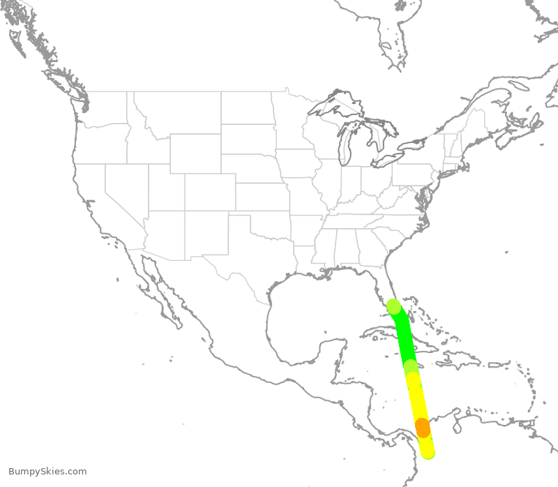 Turbulence forecast map for AAL1127, MIA to KRG