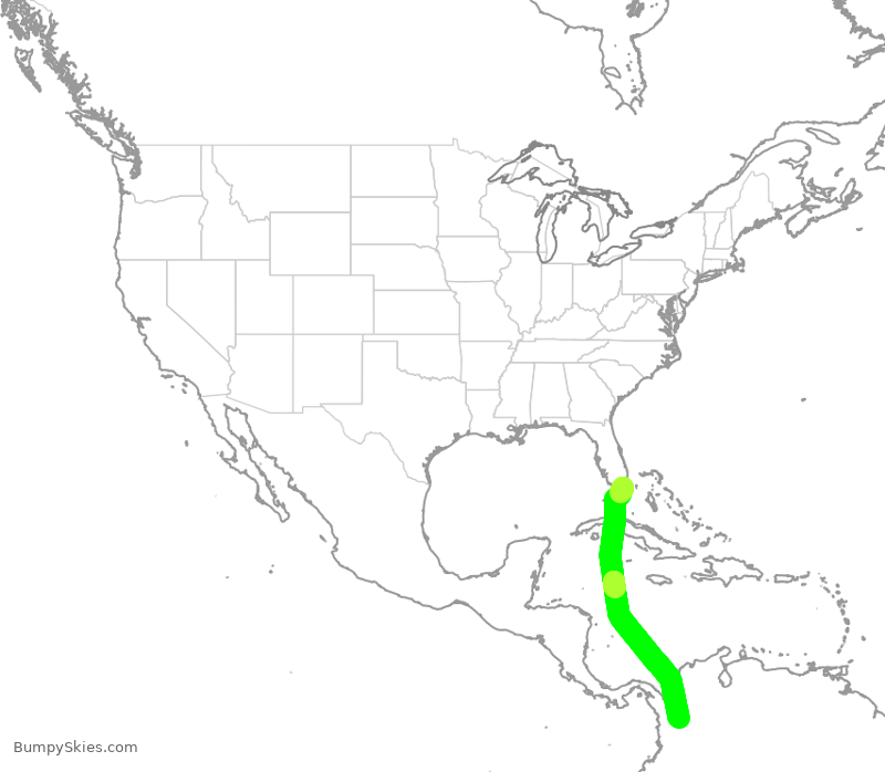 Turbulence forecast map for AAL1129, MIA to KRG