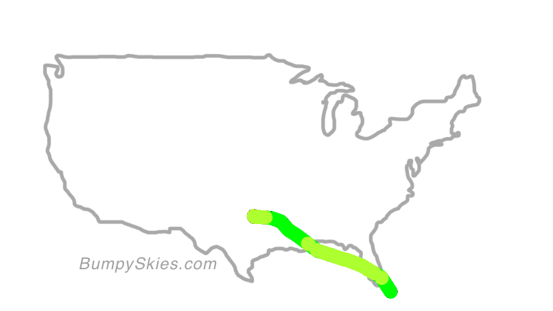 Map of continental US with illustrated flight path and turbulence forecast (described in text below)