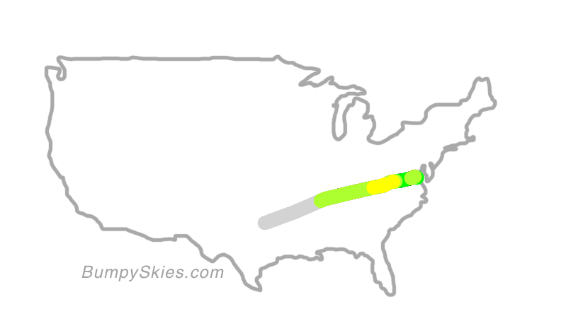 Map of continental US with illustrated flight path and turbulence forecast (described in text below)