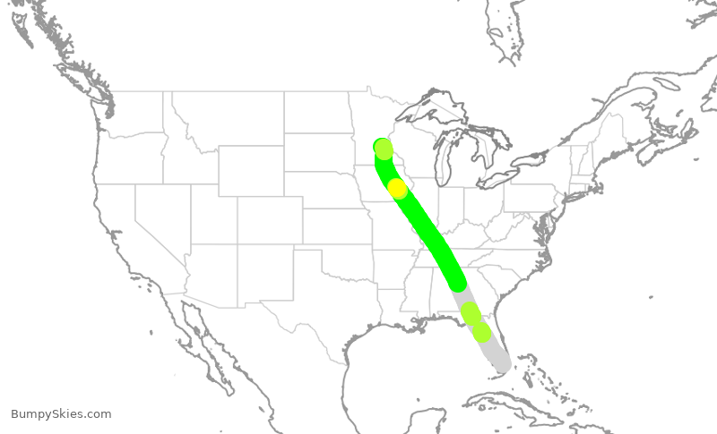 Turbulence forecast map for AAL1135, MIA to MSP