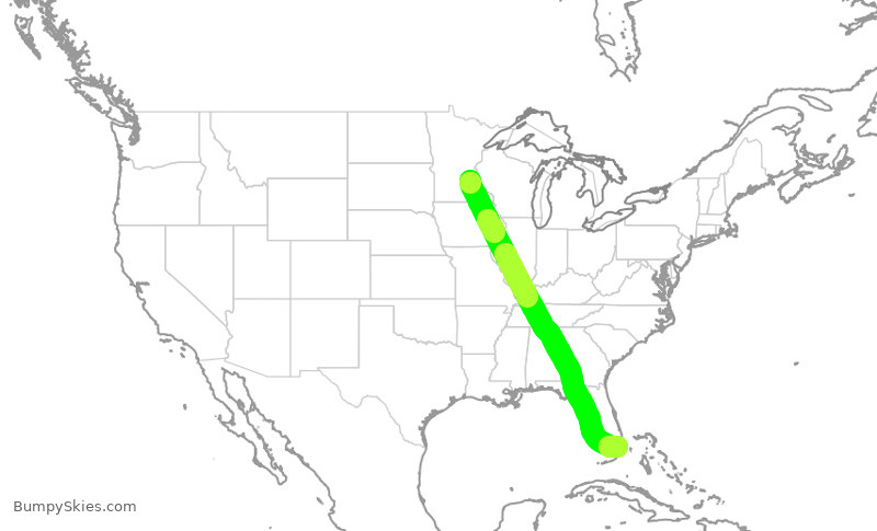 Turbulence forecast map for AAL1135, MSP to MIA