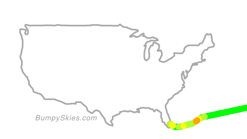 Map of continental US with illustrated flight path and turbulence forecast (described in text below)