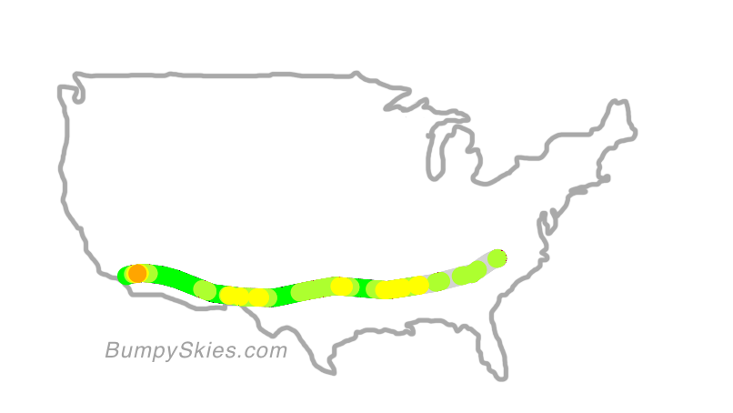 Map of continental US with illustrated flight path and turbulence forecast (described in text below)