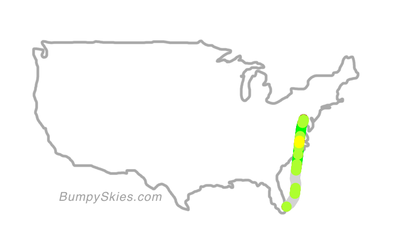 Map of continental US with illustrated flight path and turbulence forecast (described in text below)