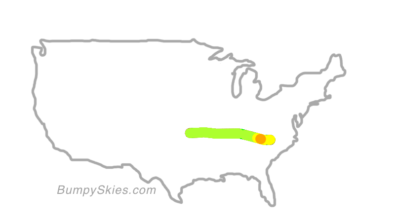 Map of continental US with illustrated flight path and turbulence forecast (described in text below)
