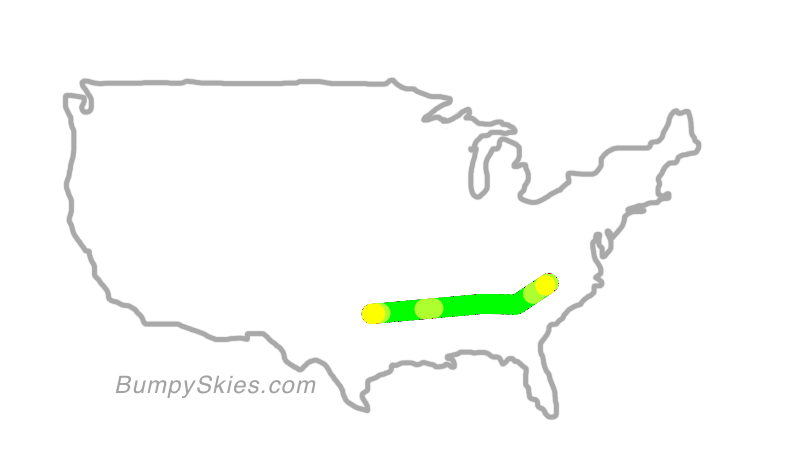 Map of continental US with illustrated flight path and turbulence forecast (described in text below)
