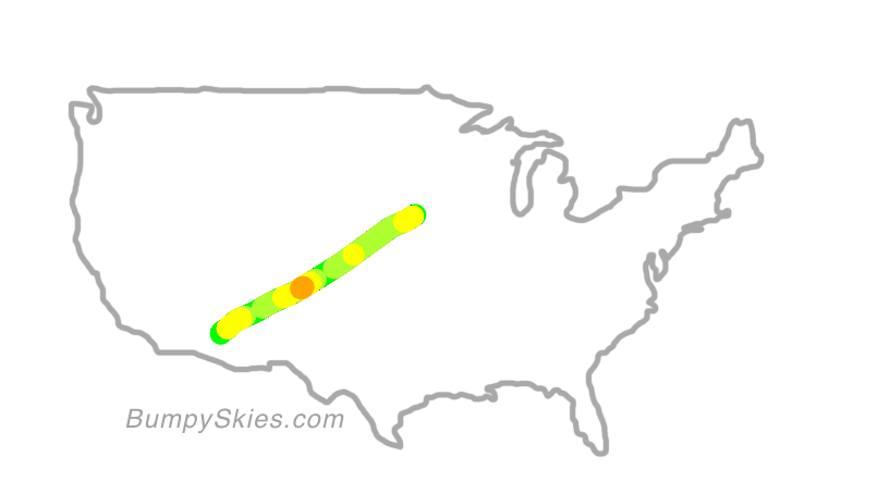 Map of continental US with illustrated flight path and turbulence forecast (described in text below)