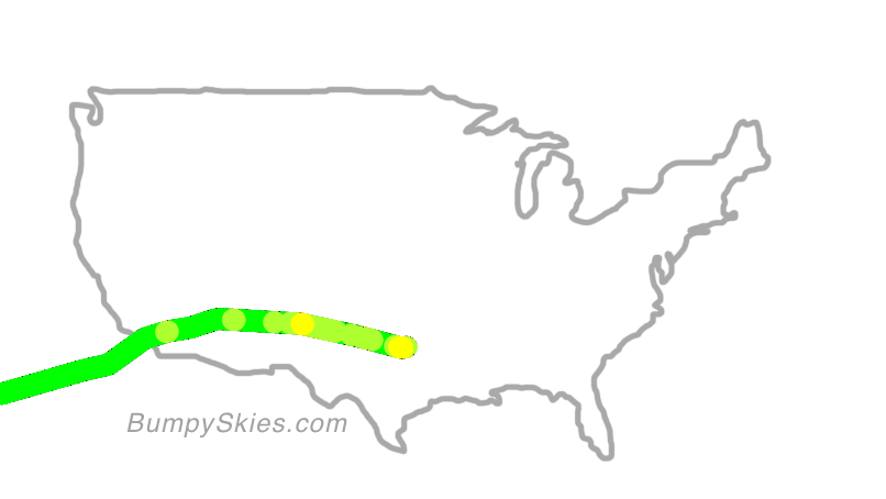Map of continental US with illustrated flight path and turbulence forecast (described in text below)