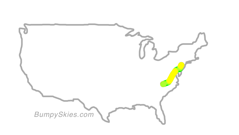 Map of continental US with illustrated flight path and turbulence forecast (described in text below)