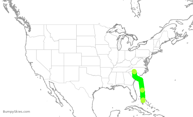 Turbulence forecast map for AAL1161, CLT to YNN
