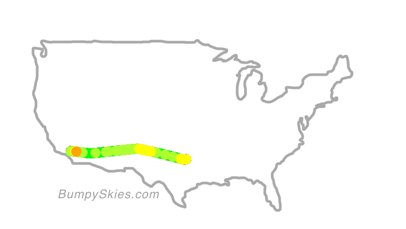 Map of continental US with illustrated flight path and turbulence forecast (described in text below)