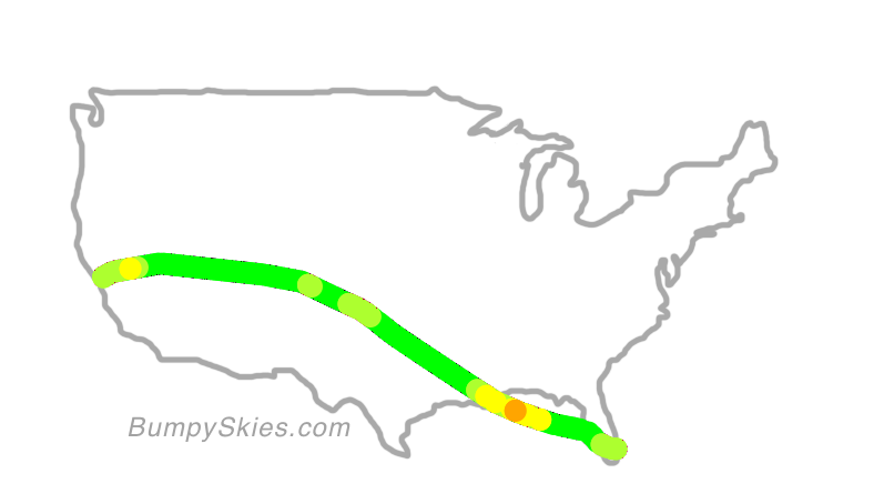 Map of continental US with illustrated flight path and turbulence forecast (described in text below)