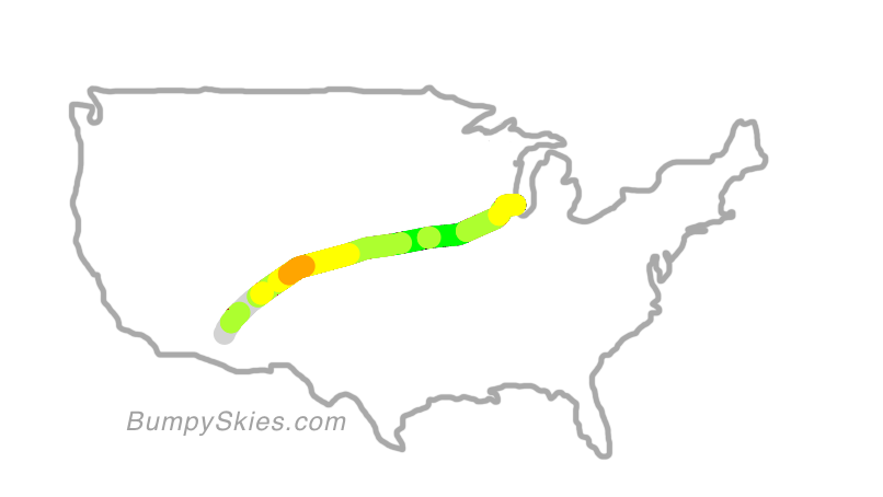 Map of continental US with illustrated flight path and turbulence forecast (described in text below)