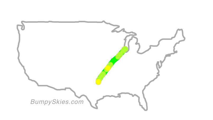 Map of continental US with illustrated flight path and turbulence forecast (described in text below)