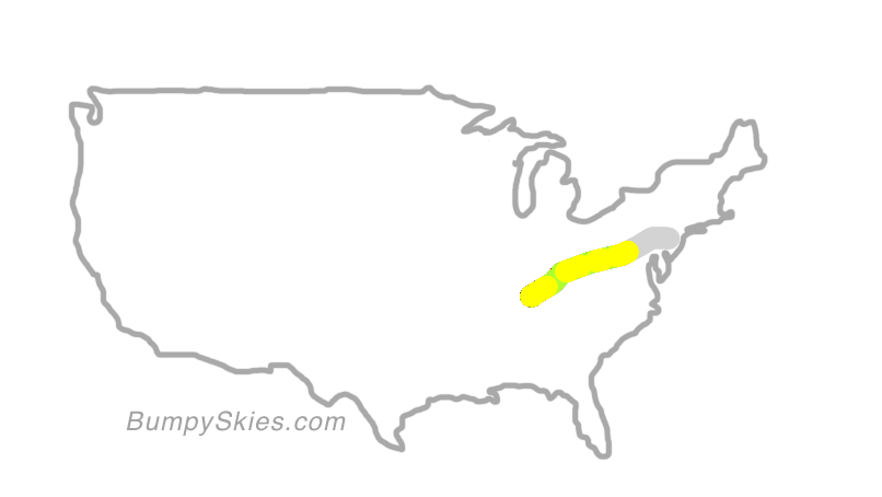 Map of continental US with illustrated flight path and turbulence forecast (described in text below)