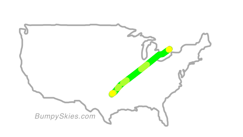 Map of continental US with illustrated flight path and turbulence forecast (described in text below)