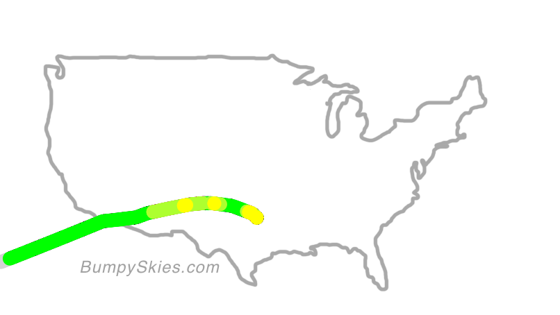 Map of continental US with illustrated flight path and turbulence forecast (described in text below)