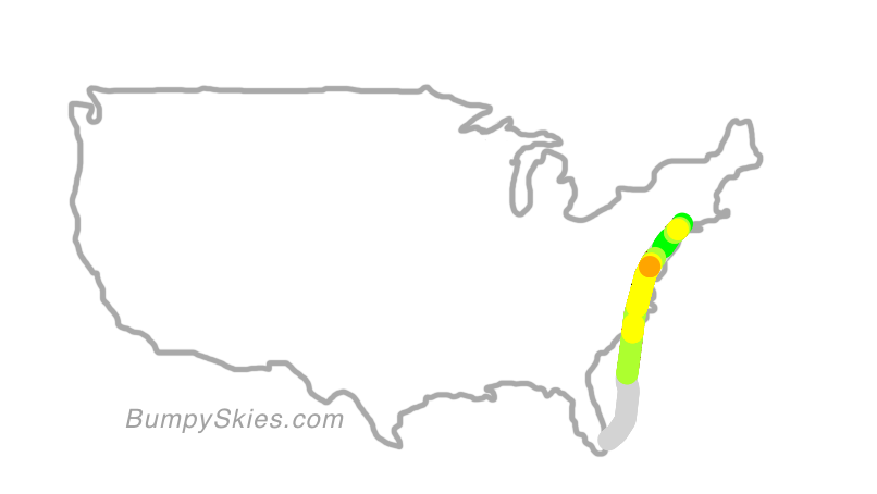 Map of continental US with illustrated flight path and turbulence forecast (described in text below)