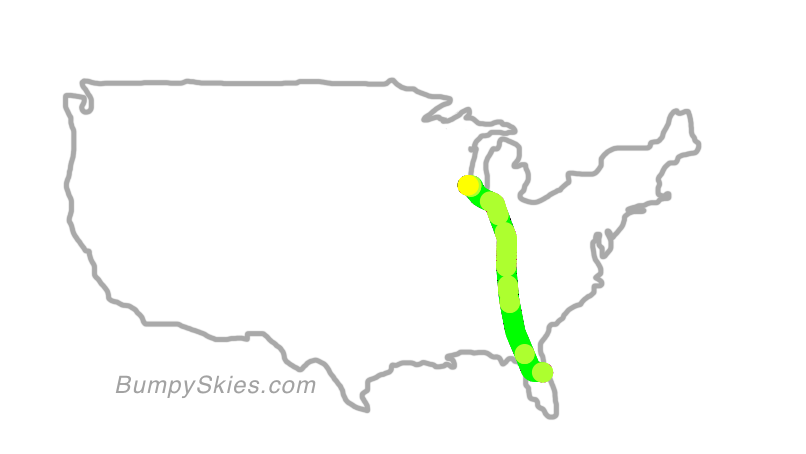 Map of continental US with illustrated flight path and turbulence forecast (described in text below)