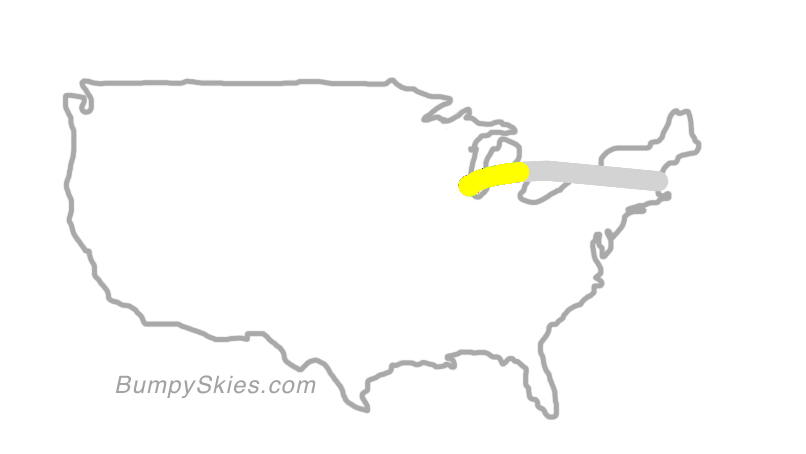 Map of continental US with illustrated flight path and turbulence forecast (described in text below)