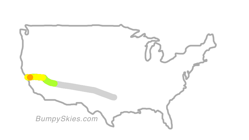 Map of continental US with illustrated flight path and turbulence forecast (described in text below)