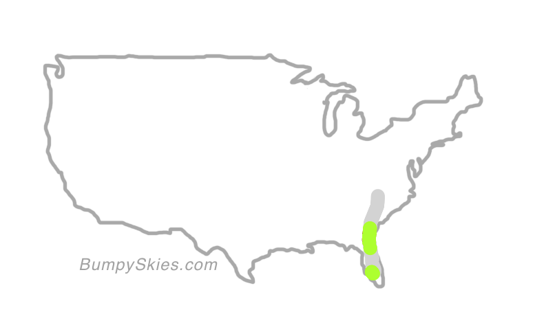Map of continental US with illustrated flight path and turbulence forecast (described in text below)