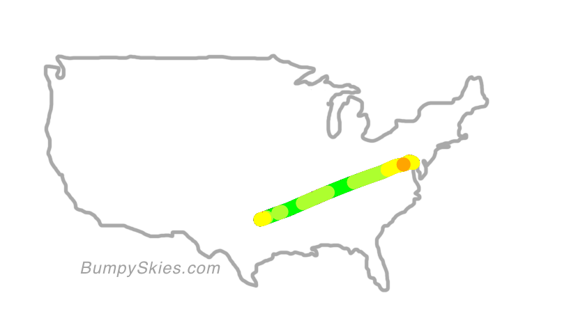 Map of continental US with illustrated flight path and turbulence forecast (described in text below)