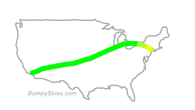 Map of continental US with illustrated flight path and turbulence forecast (described in text below)