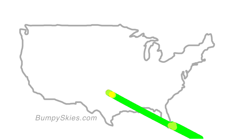 Map of continental US with illustrated flight path and turbulence forecast (described in text below)