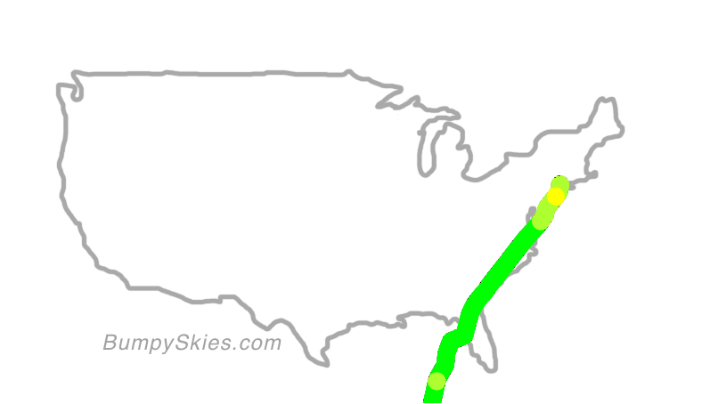 Map of continental US with illustrated flight path and turbulence forecast (described in text below)