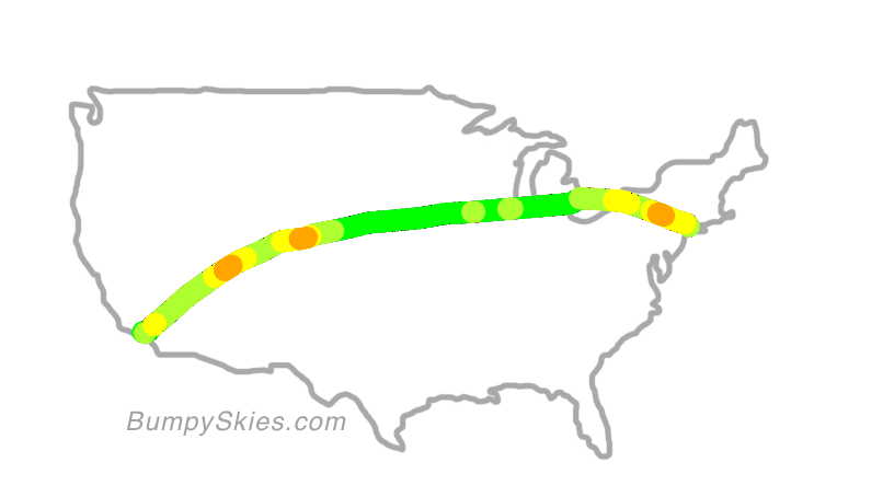Map of continental US with illustrated flight path and turbulence forecast (described in text below)