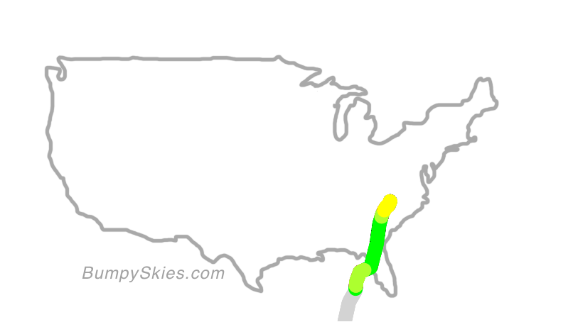 Map of continental US with illustrated flight path and turbulence forecast (described in text below)