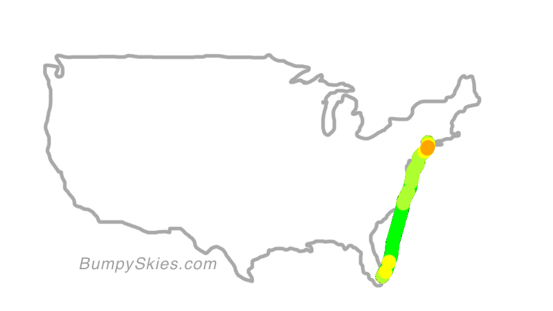 Map of continental US with illustrated flight path and turbulence forecast (described in text below)