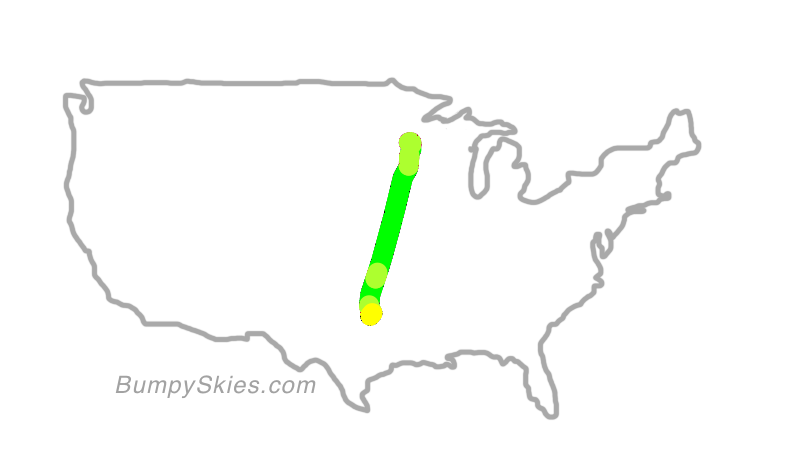 Map of continental US with illustrated flight path and turbulence forecast (described in text below)