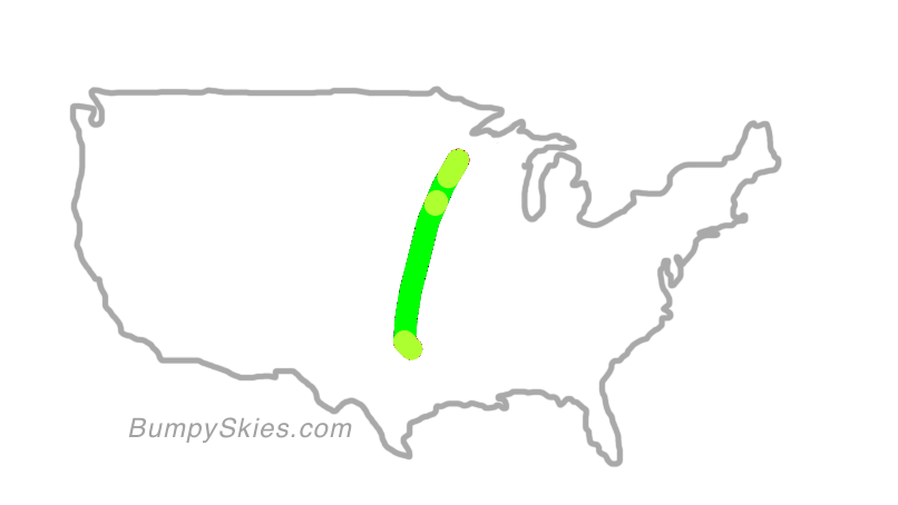 Map of continental US with illustrated flight path and turbulence forecast (described in text below)