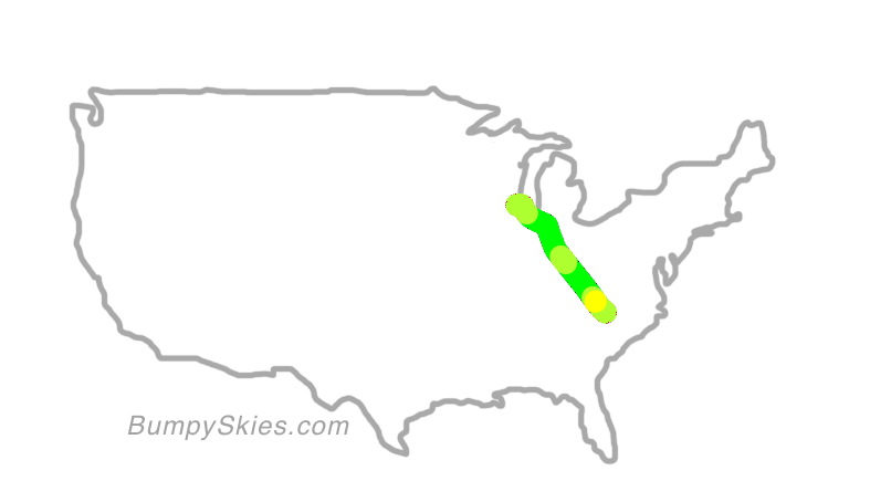 Map of continental US with illustrated flight path and turbulence forecast (described in text below)