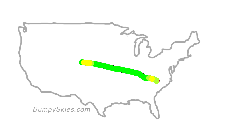 Map of continental US with illustrated flight path and turbulence forecast (described in text below)