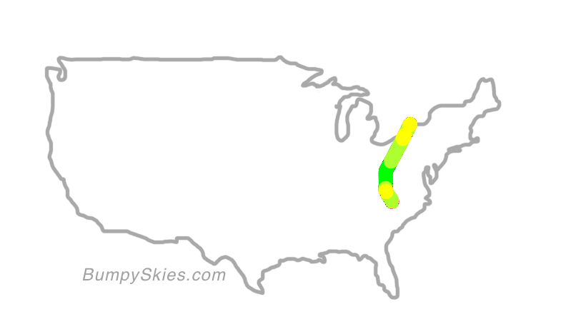 Map of continental US with illustrated flight path and turbulence forecast (described in text below)