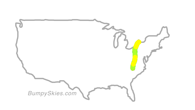 Map of continental US with illustrated flight path and turbulence forecast (described in text below)