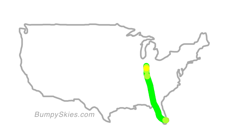 Map of continental US with illustrated flight path and turbulence forecast (described in text below)