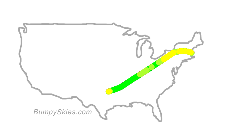 Map of continental US with illustrated flight path and turbulence forecast (described in text below)