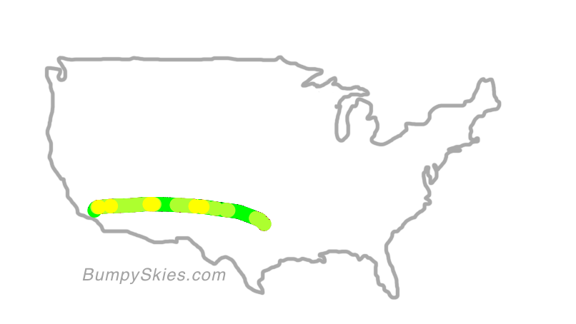Map of continental US with illustrated flight path and turbulence forecast (described in text below)