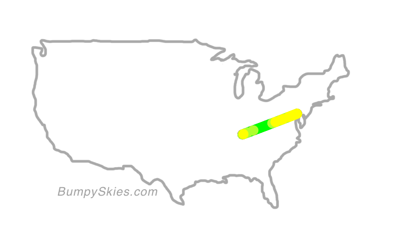 Map of continental US with illustrated flight path and turbulence forecast (described in text below)
