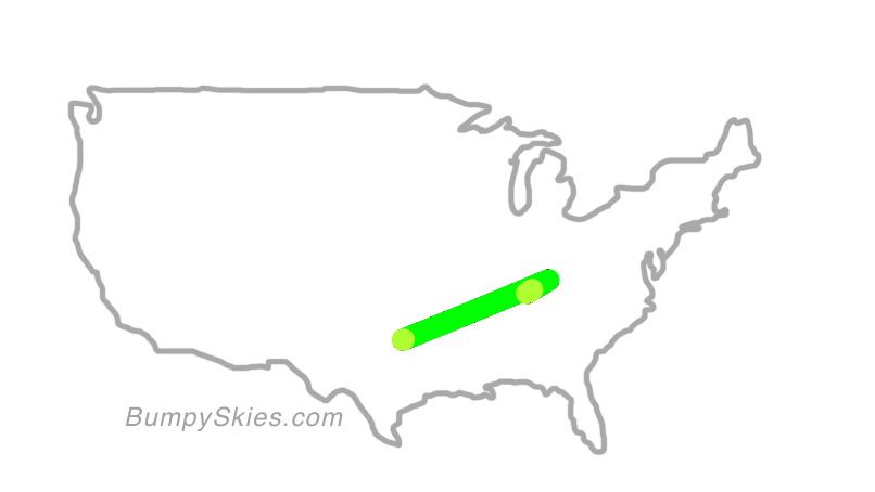 Map of continental US with illustrated flight path and turbulence forecast (described in text below)