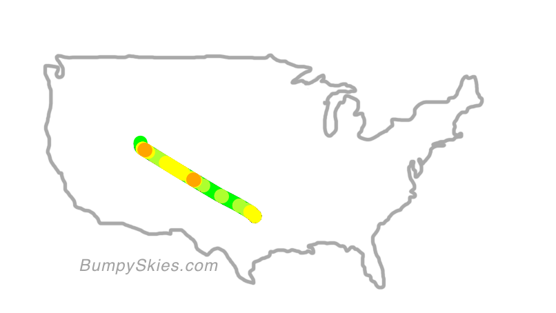 Map of continental US with illustrated flight path and turbulence forecast (described in text below)