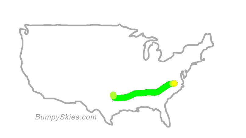 Map of continental US with illustrated flight path and turbulence forecast (described in text below)